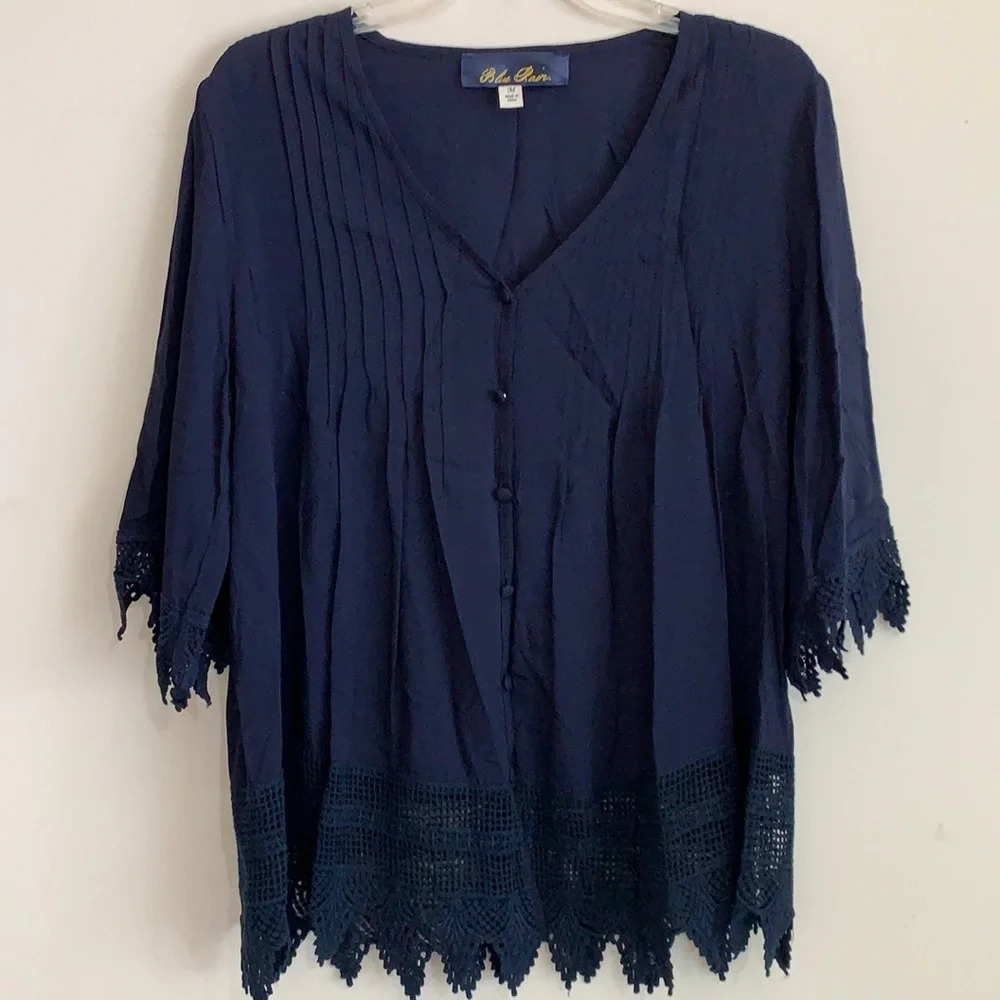 Blue‎ Rain - boutique blouse, crochet, navy, M